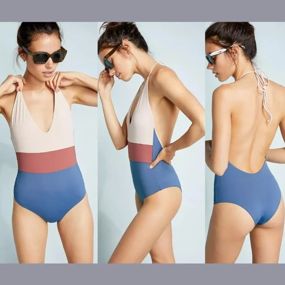 NWT Tavik [ Small ] Chase Plunge‎ Colorblock One Piece Swimsuit Muted Indigo Bikinis
